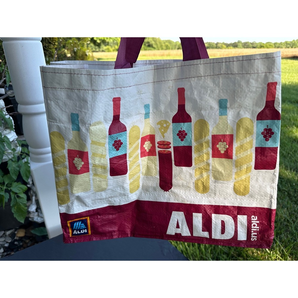 Vintage Aldi Reusable Grocery Bag Wine Cheese Charcuterie Recycled Tote Burgundy